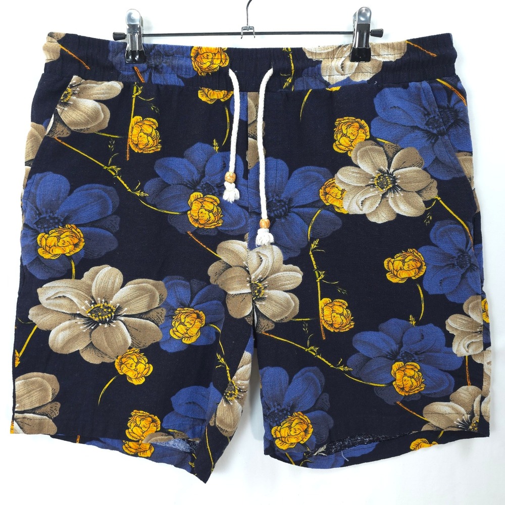 Men Floral Drawstring Shorts Linen Cotton Navy Blue Festival Beach Tropical XL